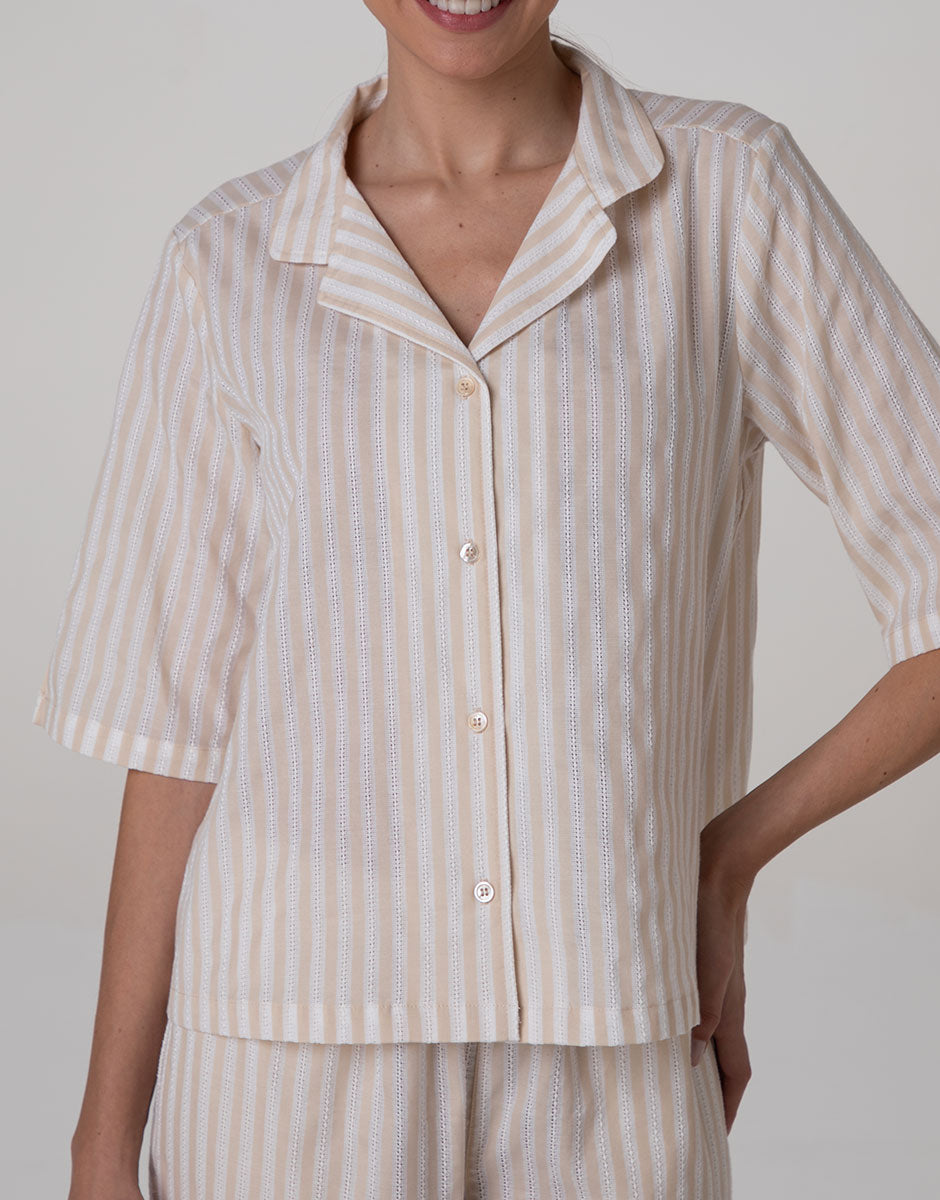Lovable Basic Soul Pigiama Aperto pigiama righe bianco e crema cotone