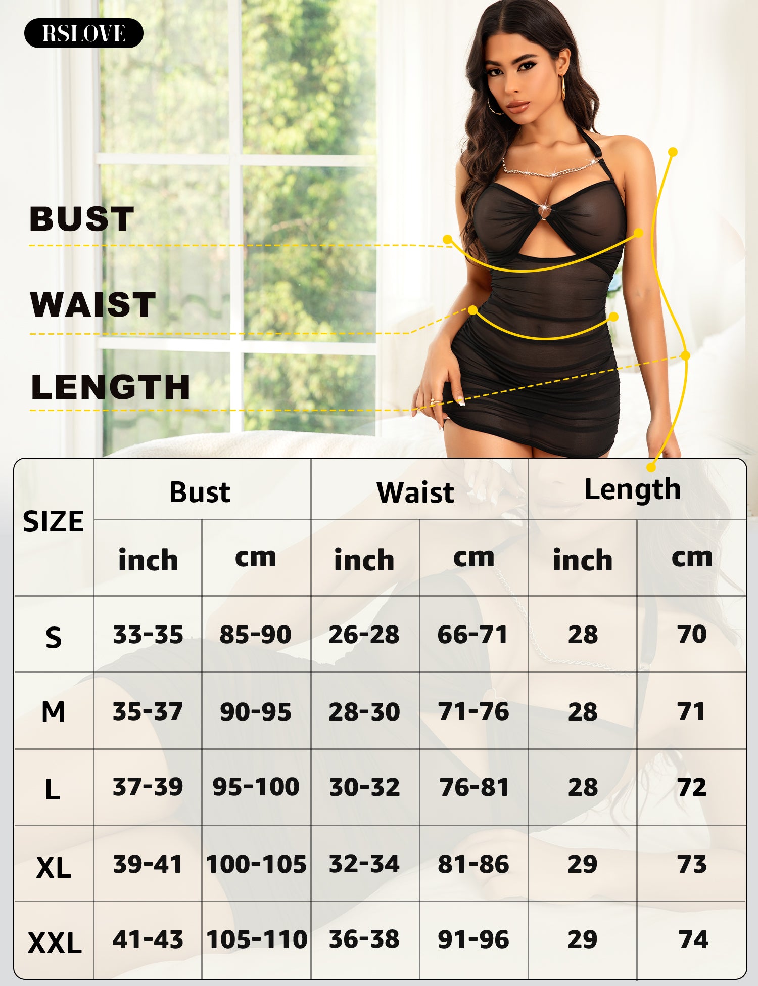 RSLOVE Babydoll Pleated Mesh Halter Babydoll Chemise babydoll nero