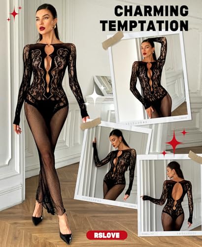 RSLOVE Babydoll vestaglia lunga nero taglia unica in pizzo