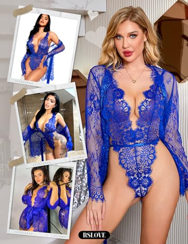 RSLOVE Robe Sheer Lace Robe & Teddy set lingerie blu, taglia M