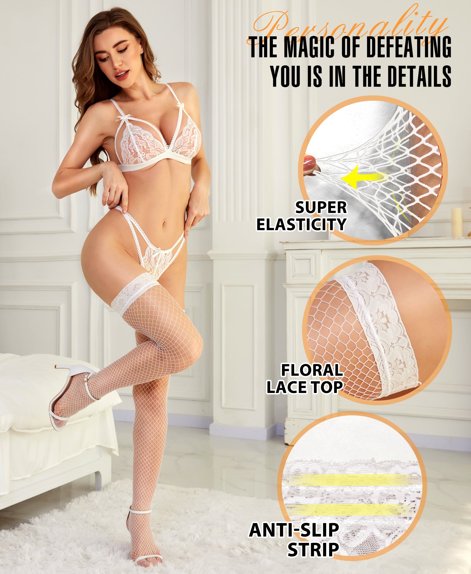 RSLOVE Thigh High Lace Fishnet Silk Thigh High Hold Ups autoreggenti nere a rete
