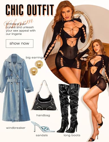 RSLOVE Babydoll Backless Long Sleeve Cut-Out Mesh babydoll nero, taglia unica