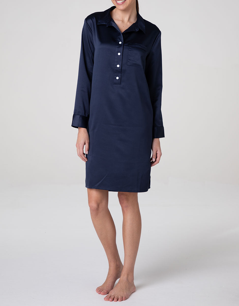 Lovable Basic Soul Camicia da Notte Serafino in Satin blu navy manica lunga
