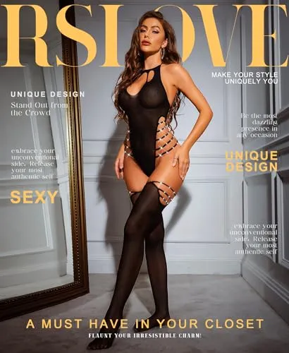 RSLOVE Bodystocking Rhinestone Strappy Fishnet Bodysuit nero 1 set