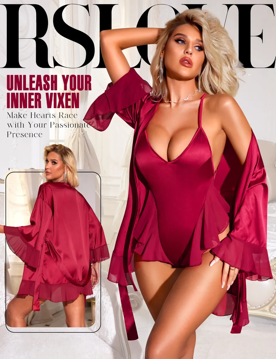 RSLOVE Robe completo kimono e body teddy bianco in raso