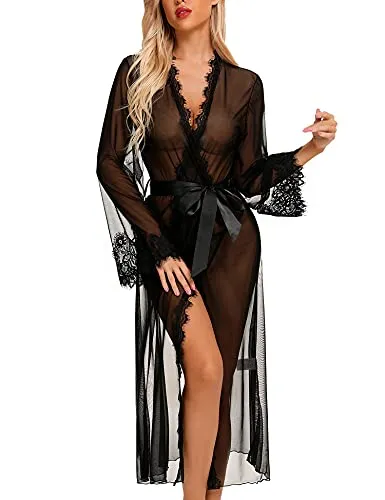 RSLOVE Robe Butterfly Sleeve Lace Trim Long Kimono vestaglia nera L