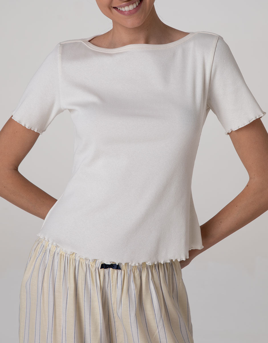Lovable Basic Soul T-shirt scollo a barchetta in cotone a costine bianco latte