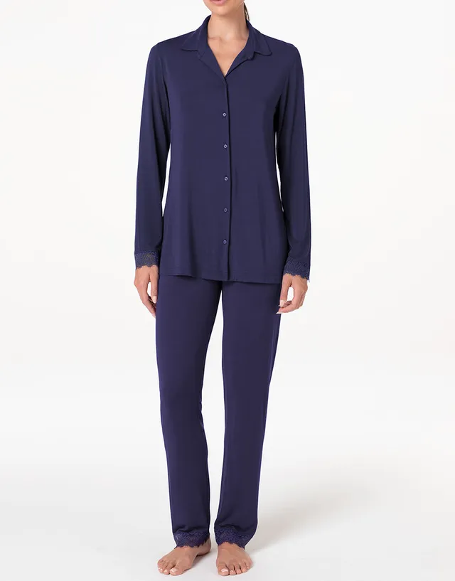 Lovable Basic Soul Elegant Modal pigiama lungo aperto blu notte in modal