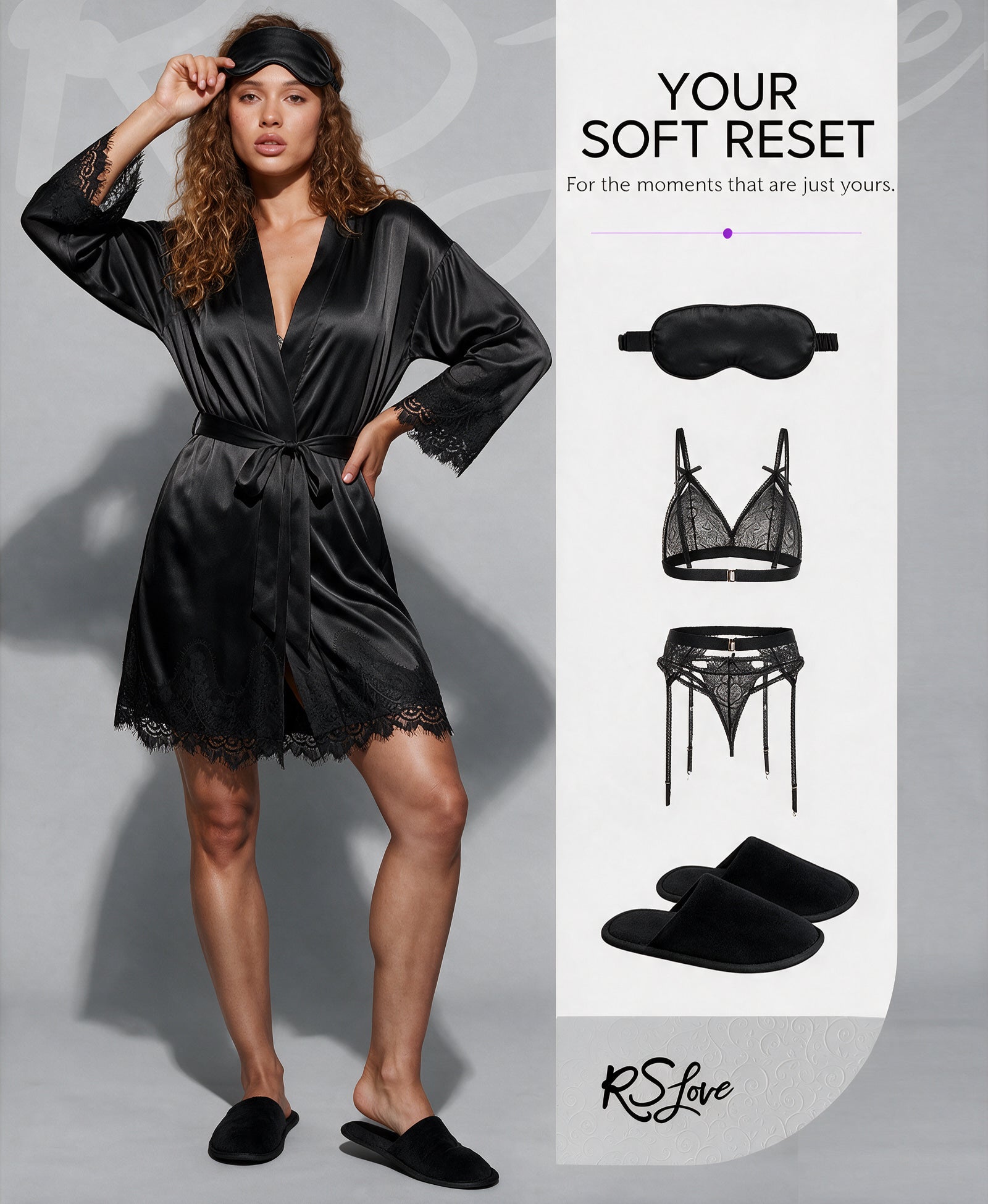 RSLOVE Robe Satin Kimono Robe with Lace Trim & Belt vestaglia raso bianca S