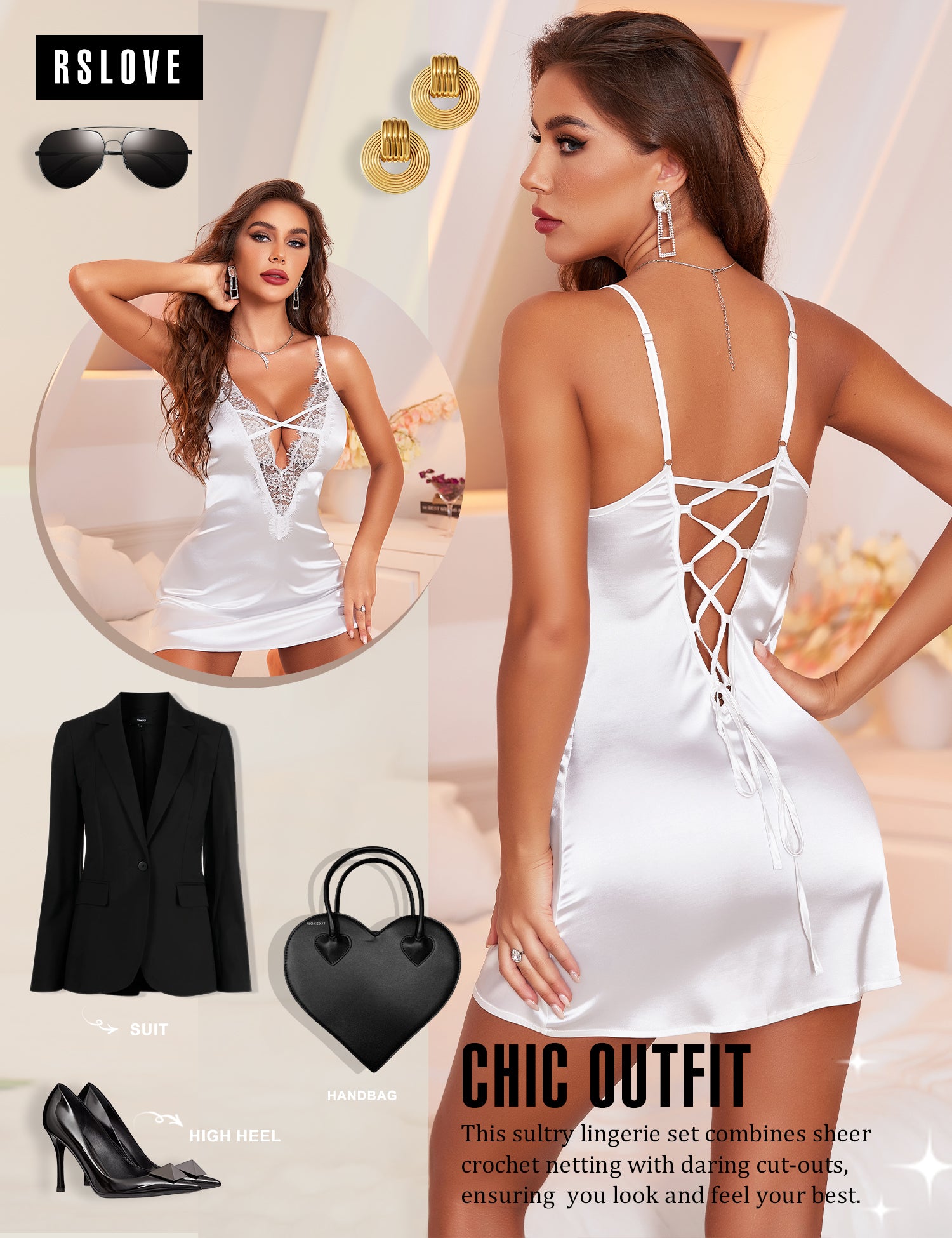 RSLOVE Babydoll in raso con pizzo ciglia e schiena incrociata, nero, taglia S