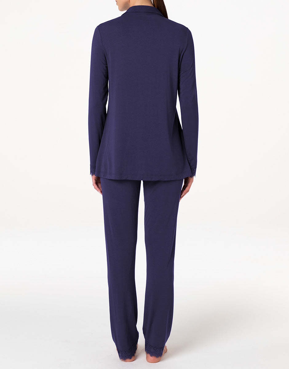 Lovable Basic Soul Elegant Modal pigiama lungo aperto blu notte in modal