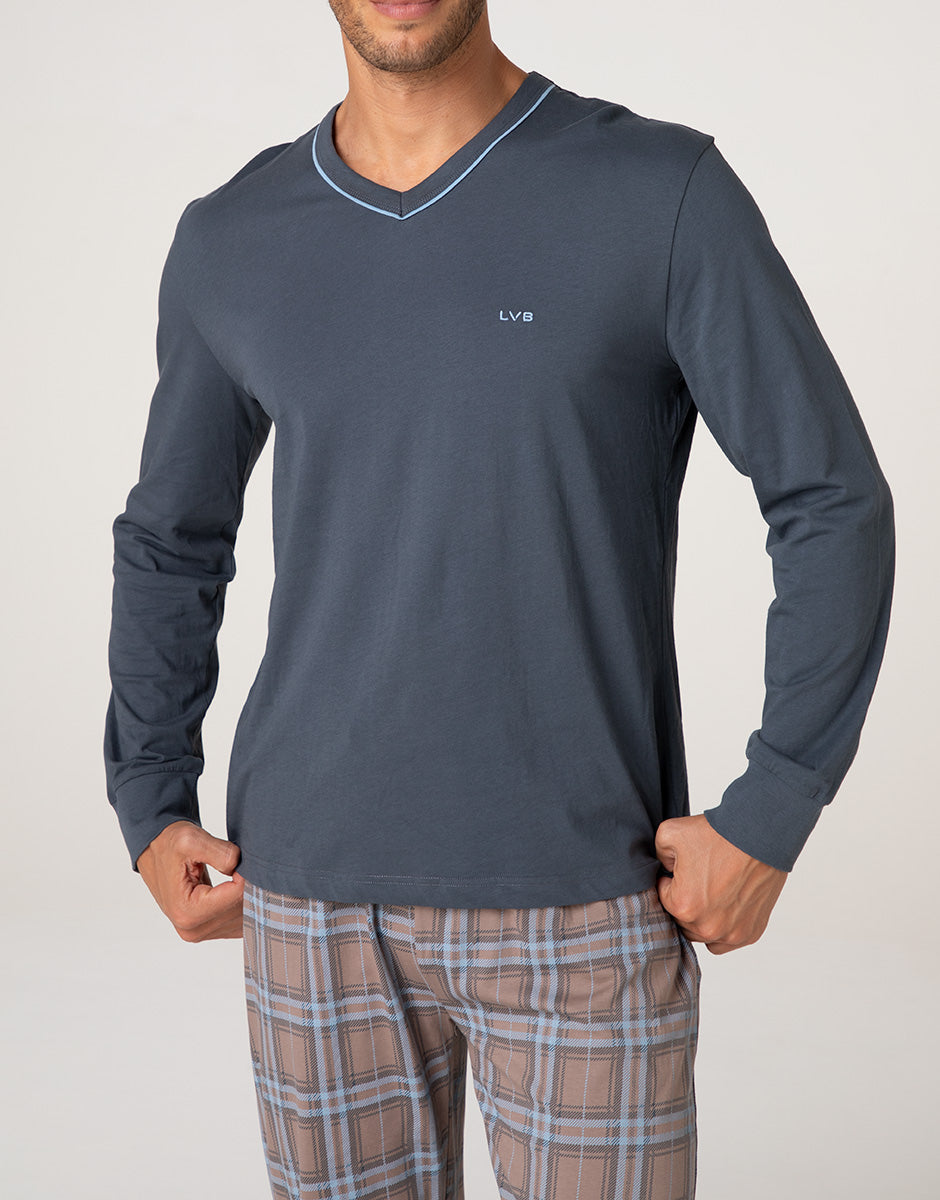 Lovable Basic Soul Scollo a V pigiama uomo lungo in jersey grigio scuro