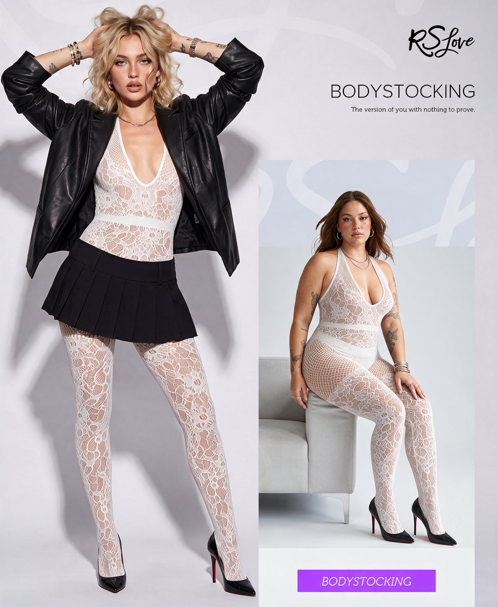 RSLOVE Bodystocking Crotchless Lace Fishnet Bodystocking body a rete nero