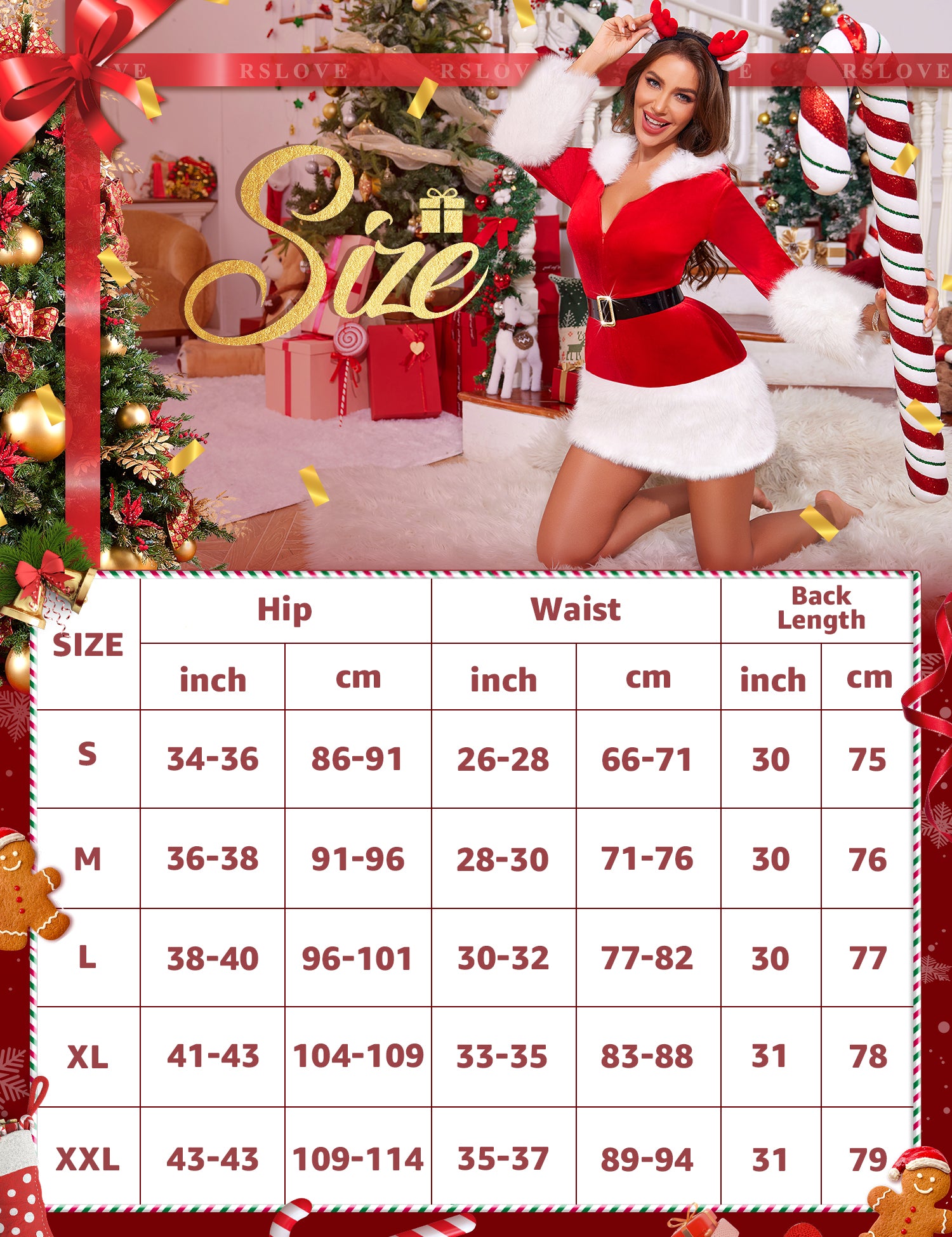 RSLOVE Costumes vestito da Babbo Natale con cappuccio in pelliccia, rosso, taglia L