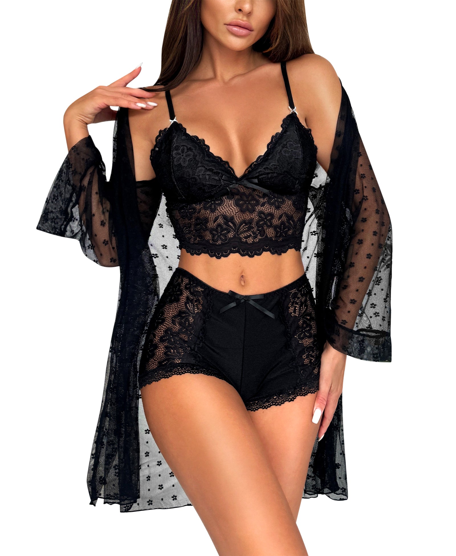 RSLOVE Robe completo lingerie 3 pezzi nero con kimono in rete