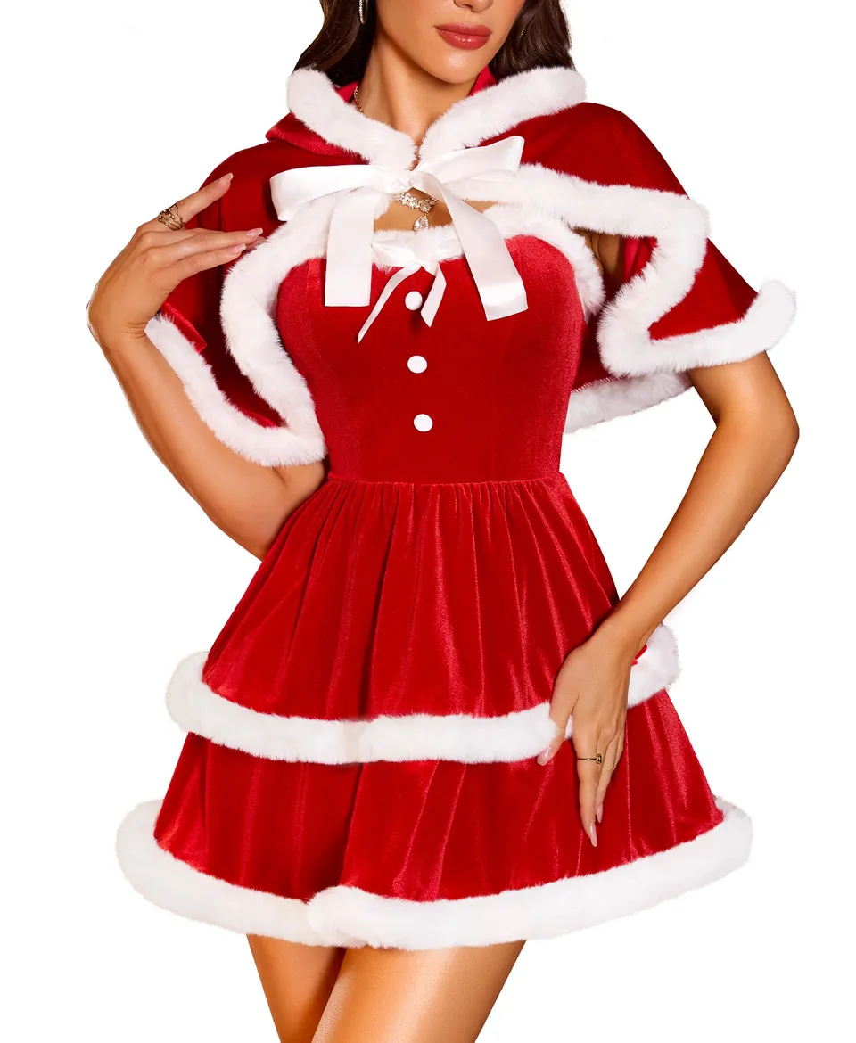 RSLOVE Costumes Velvet Christmas Santa Dress abito natalizio rosso con mantella