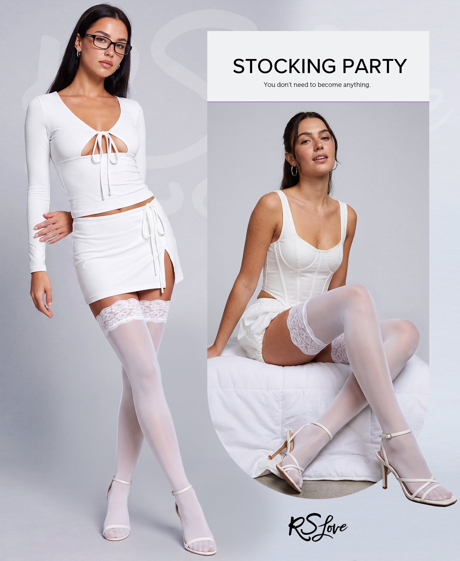 RSLOVE Thigh High Silky 30D Sheer Lace Top calze autoreggenti nere