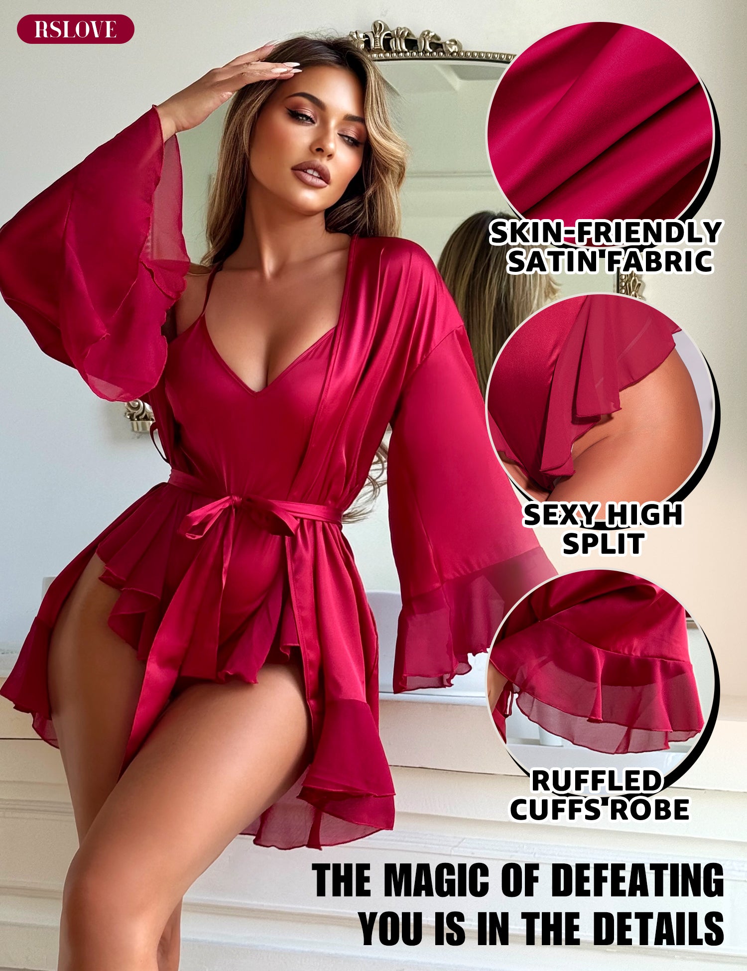RSLOVE Robe completo kimono e body teddy bianco in raso