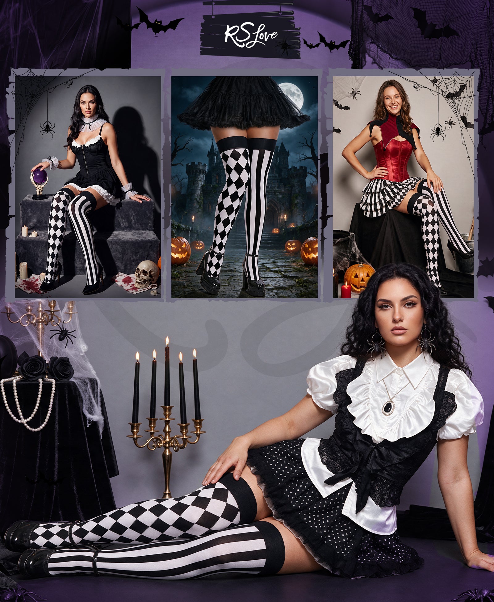 RSLOVE Thigh High Asymmetric Striped Harlequin calze bianche e nere