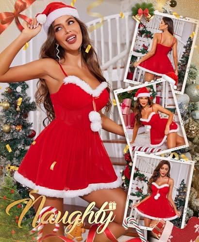 RSLOVE Costumes Red Mesh Santa Babydoll babydoll rosso con bordi in pelliccia