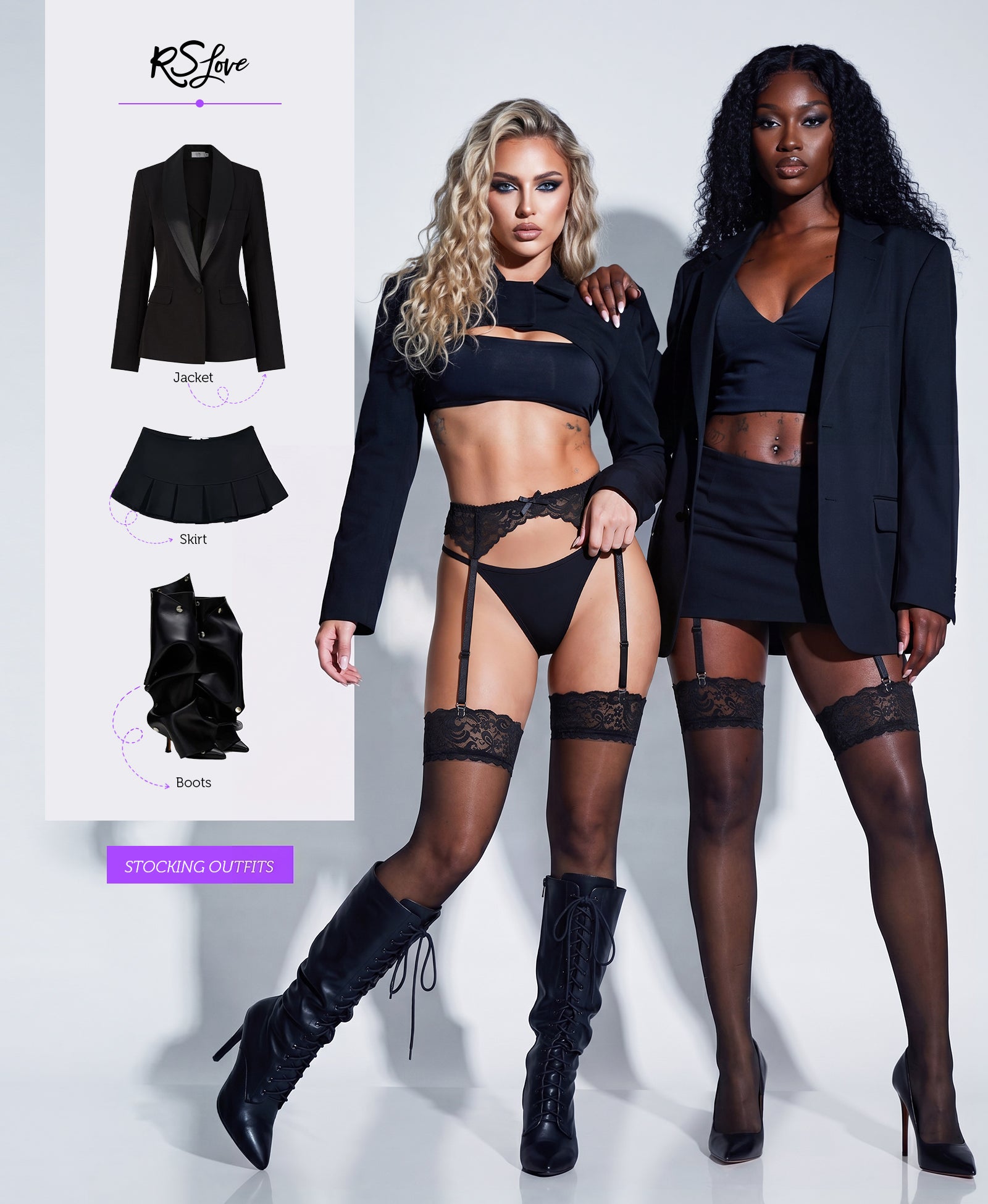 RSLOVE Thigh High Sheer Lace set reggicalze e autoreggenti nero S-XL