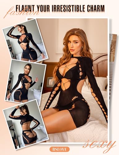 RSLOVE Babydoll Backless Long Sleeve Cut-Out Mesh babydoll nero, taglia unica