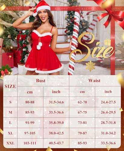 RSLOVE Costumes Red Mesh Santa Babydoll babydoll rosso con bordi in pelliccia