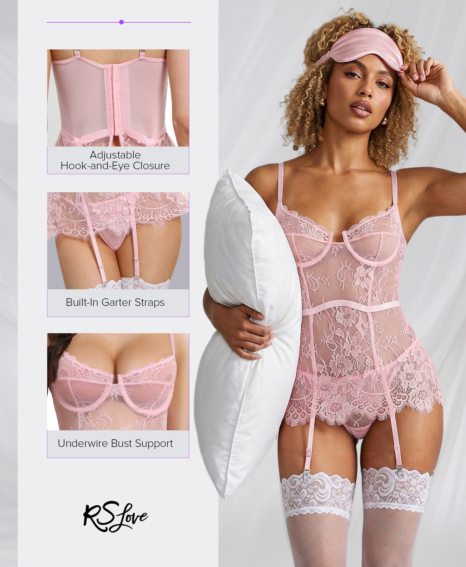 RSLOVE Lingerie Set babydoll in pizzo e mesh con ferretto
