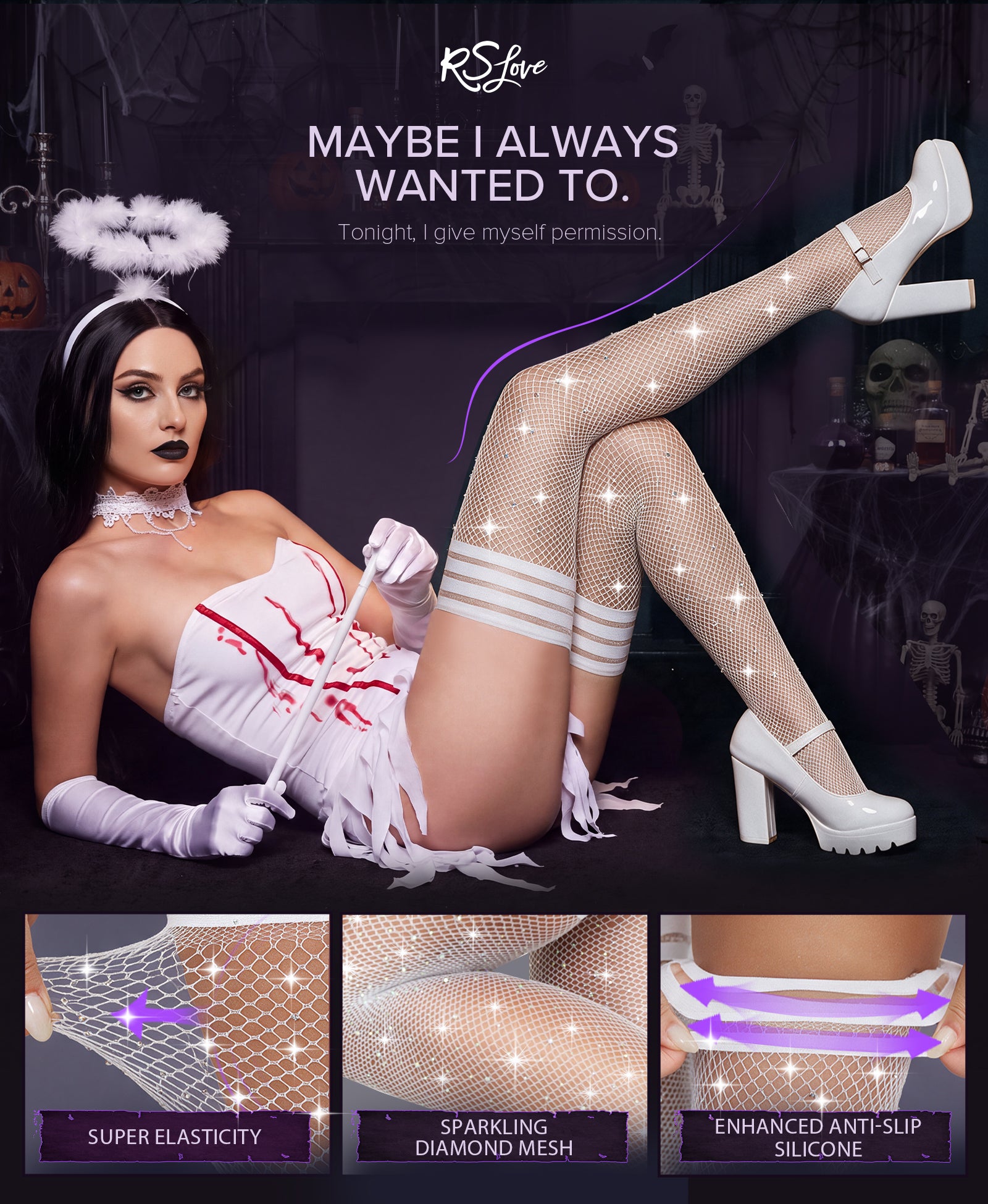 RSLOVE Thigh High calze autoreggenti fishnet nere con strass