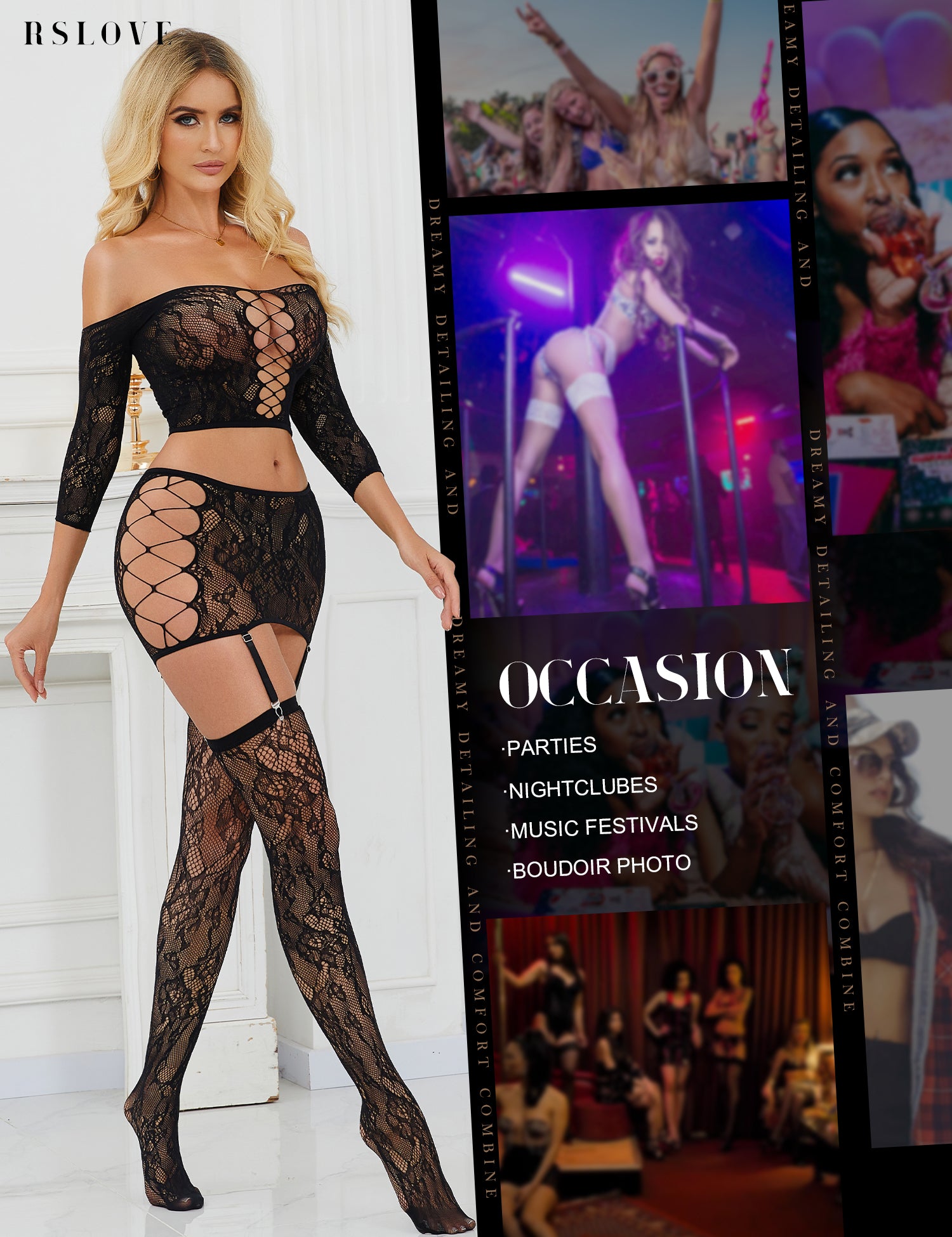 RSLOVE Lingerie Set Off Shoulder Lace Garter Skirt Set with Stockings completo rosa coppa A