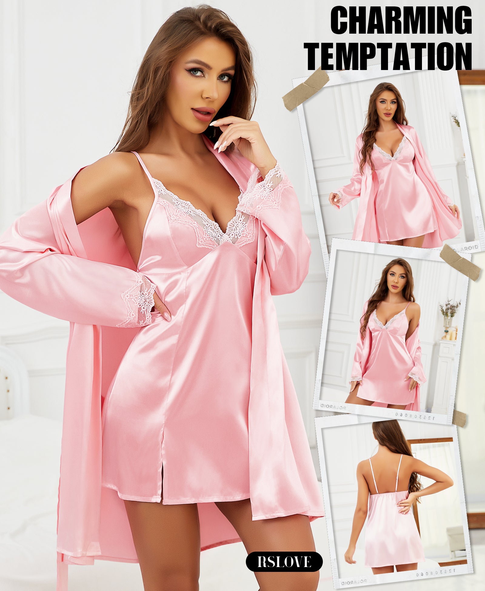 RSLOVE Robe Satin Camisole Nightdress set camicia e vestaglia nero