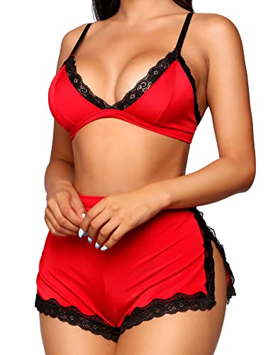 RSLOVE Pajama Set Lace Cami High Slit Shorts pigiama rosa con shorts