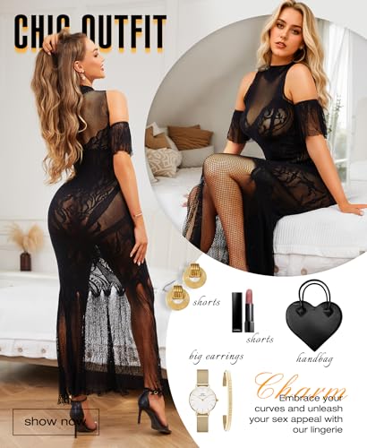 RSLOVE Babydoll abito lungo in pizzo con maniche staccabili
