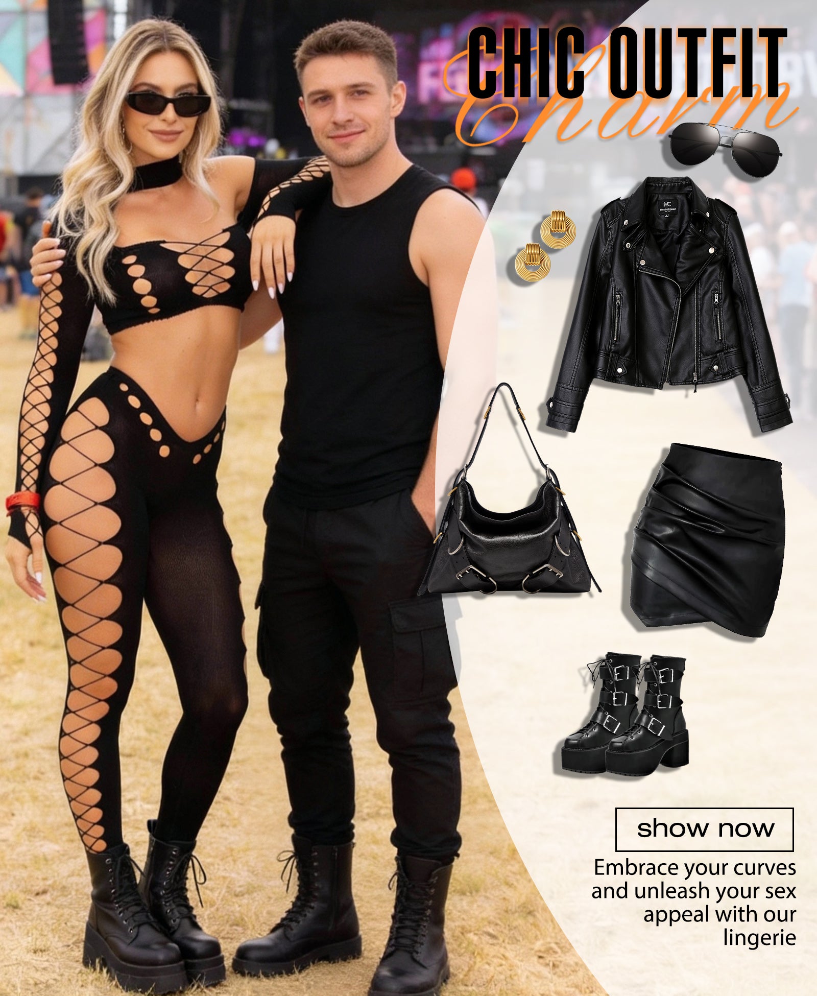 RSLOVE Bodystocking Cut Out Fishnet Two Piece Set body in rete nero