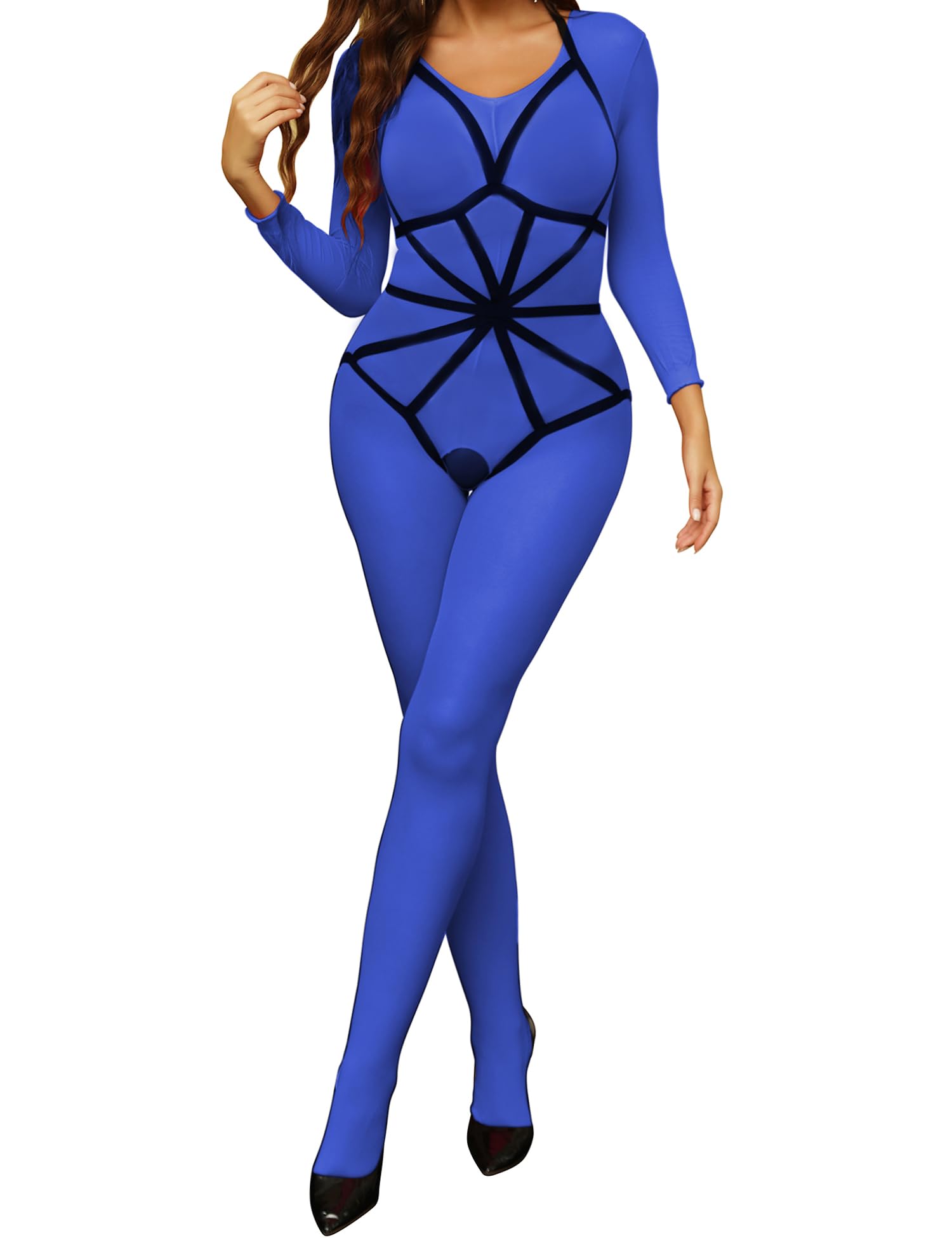 RSLOVE Bodystocking body a rete con scollo halter blu taglia unica