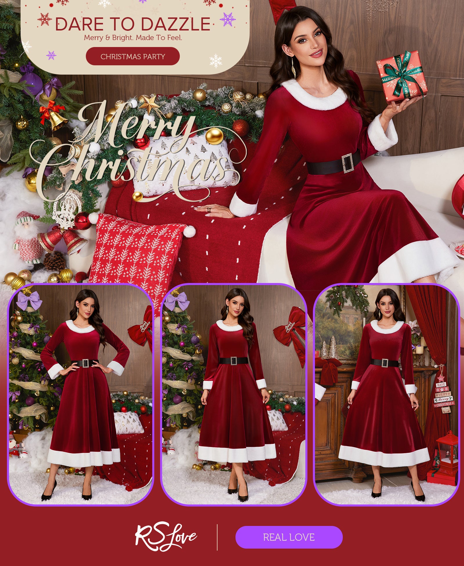 RSLOVE Costumes Mrs Claus Christmas Santa Dress vestito rosso con cintura