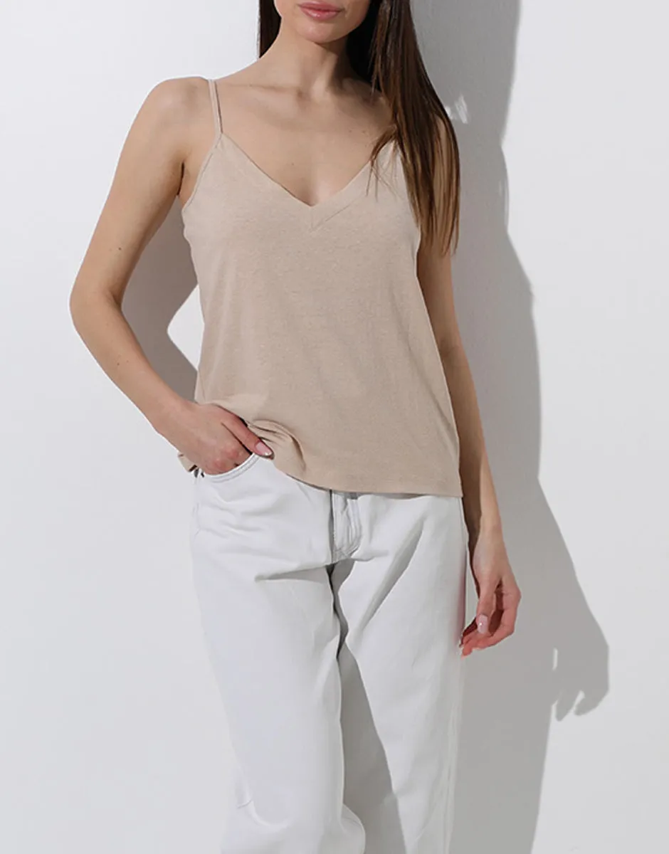 Lovable Basic Soul L0ETP top scollo a V cappuccino cotone lino