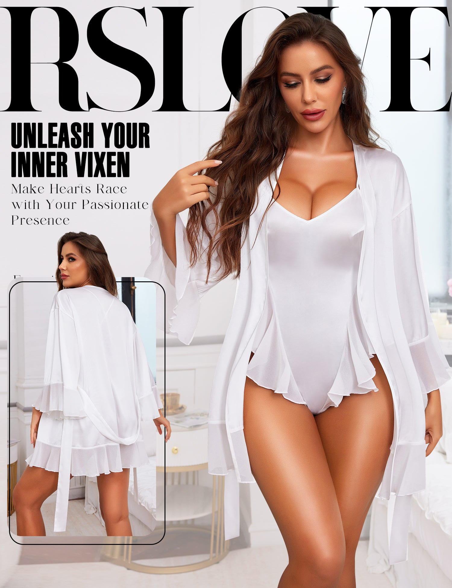 RSLOVE Robe completo kimono e body teddy bianco in raso