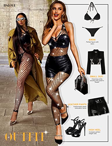 RSLOVE Bodystocking Rhinestone Hollow-Out Fishnet body lingerie Nero taglia unica con strass