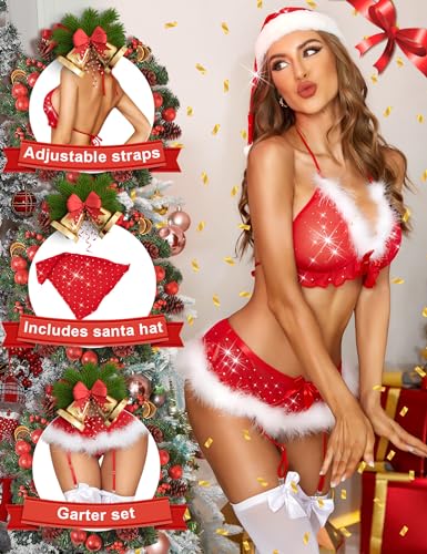 RSLOVE Costumes Marabou Trim Santa Bra & Garter Skirt set lingerie 4 pezzi rosso