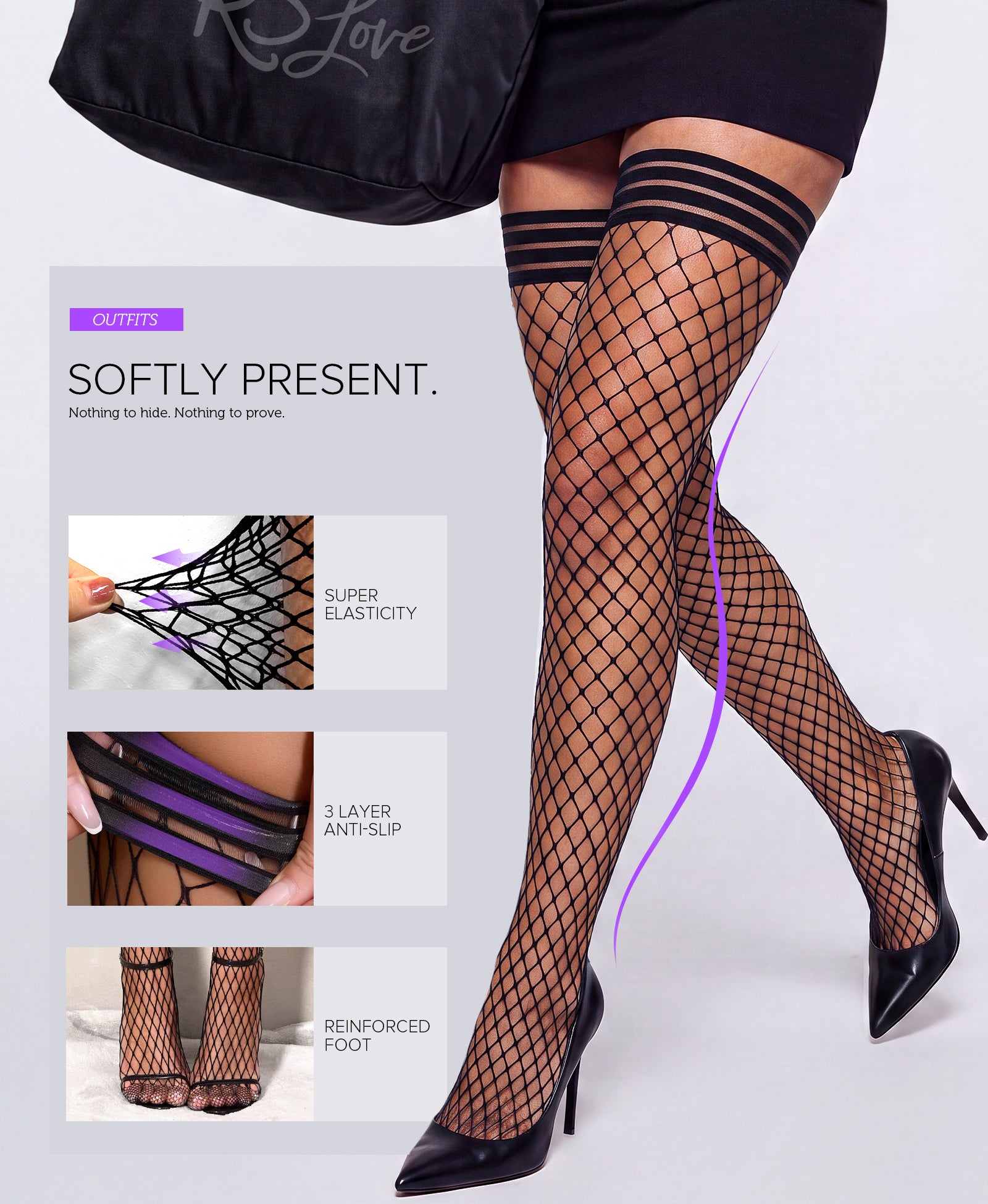 RSLOVE Thigh High Antiskid Silicone Stay-Up Fishnet Thigh Highs calze a rete nere