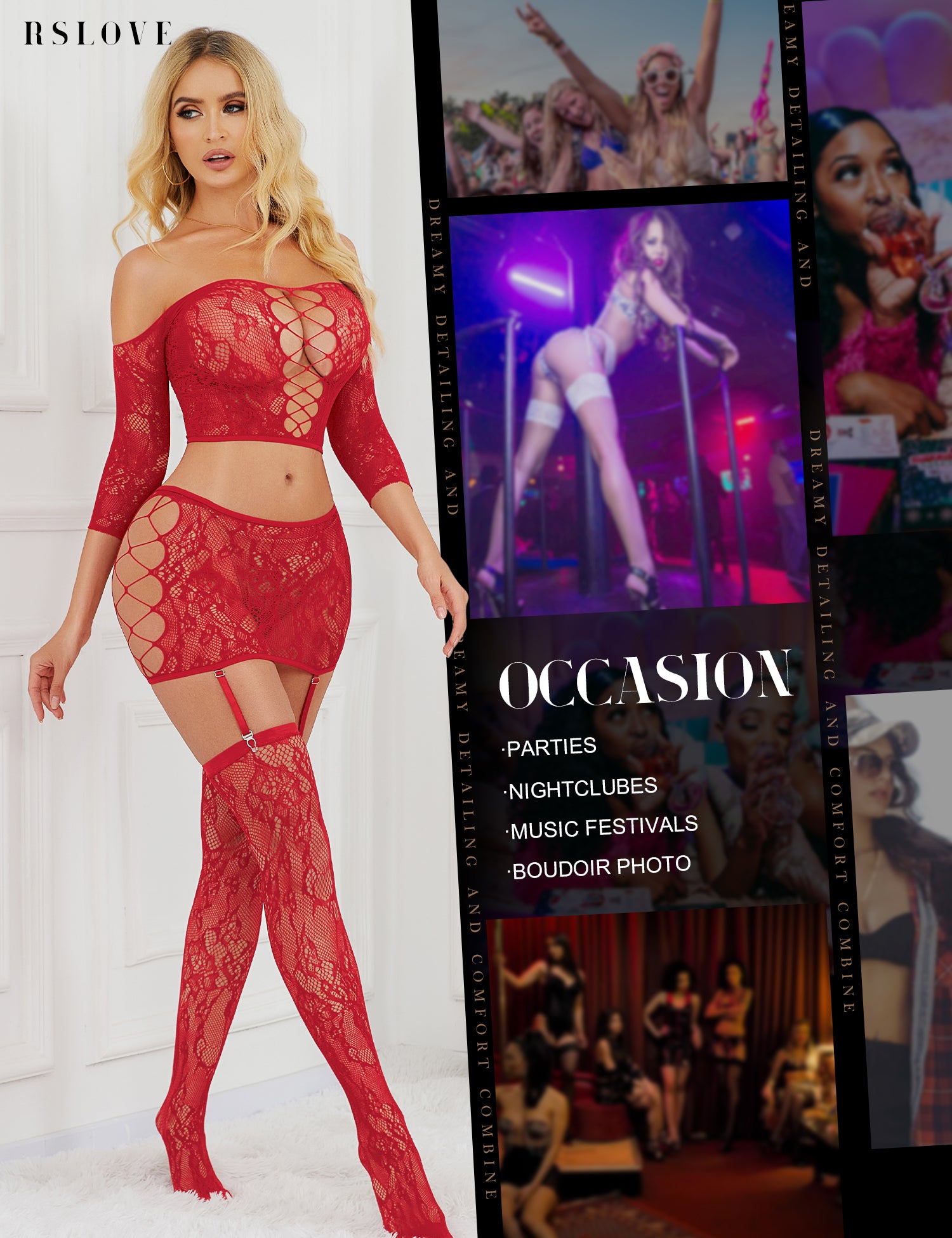 RSLOVE Lingerie Set Off Shoulder Lace Garter Skirt Set with Stockings completo rosa coppa A