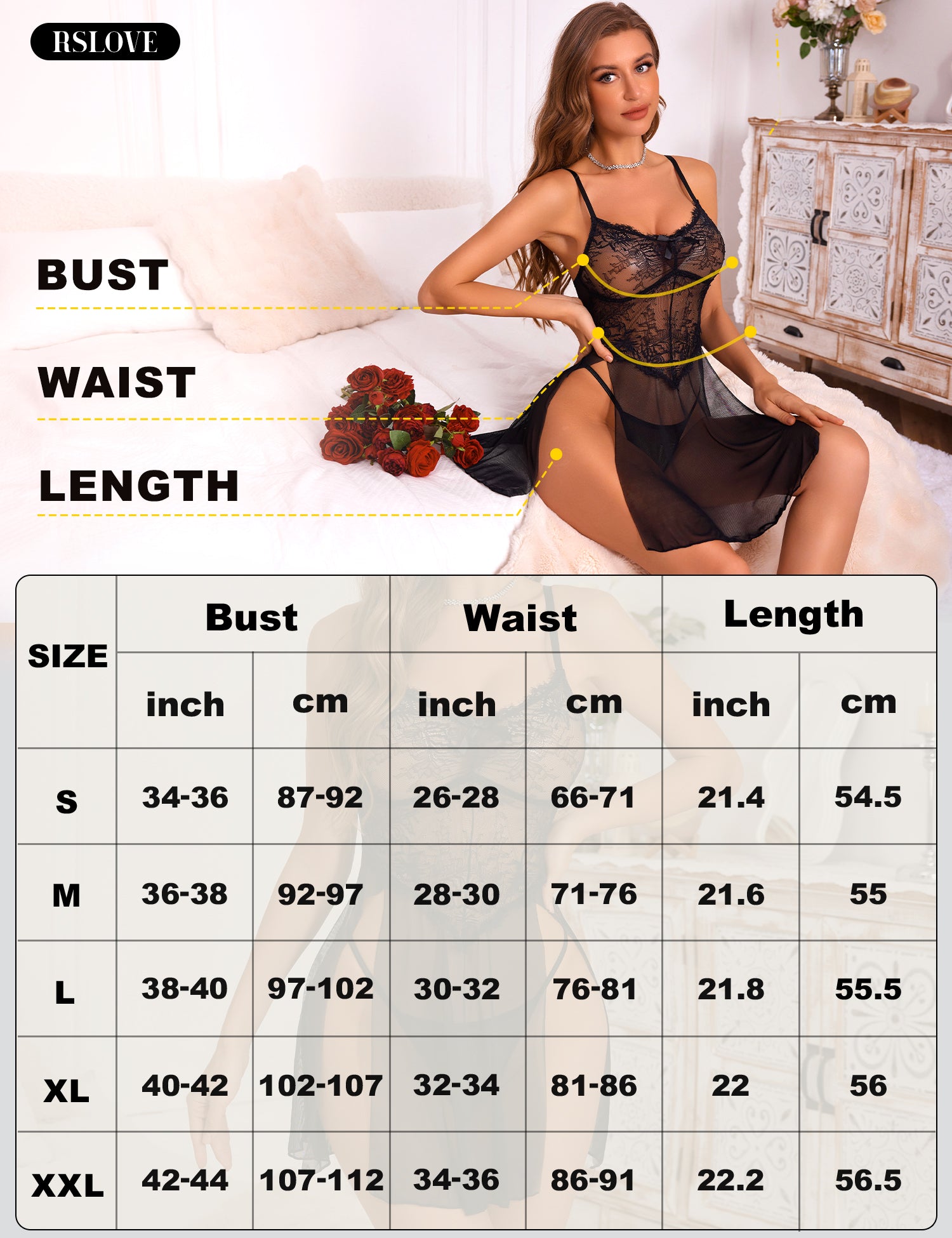 RSLOVE Babydoll Floral Lace nero S-XXL con perizoma