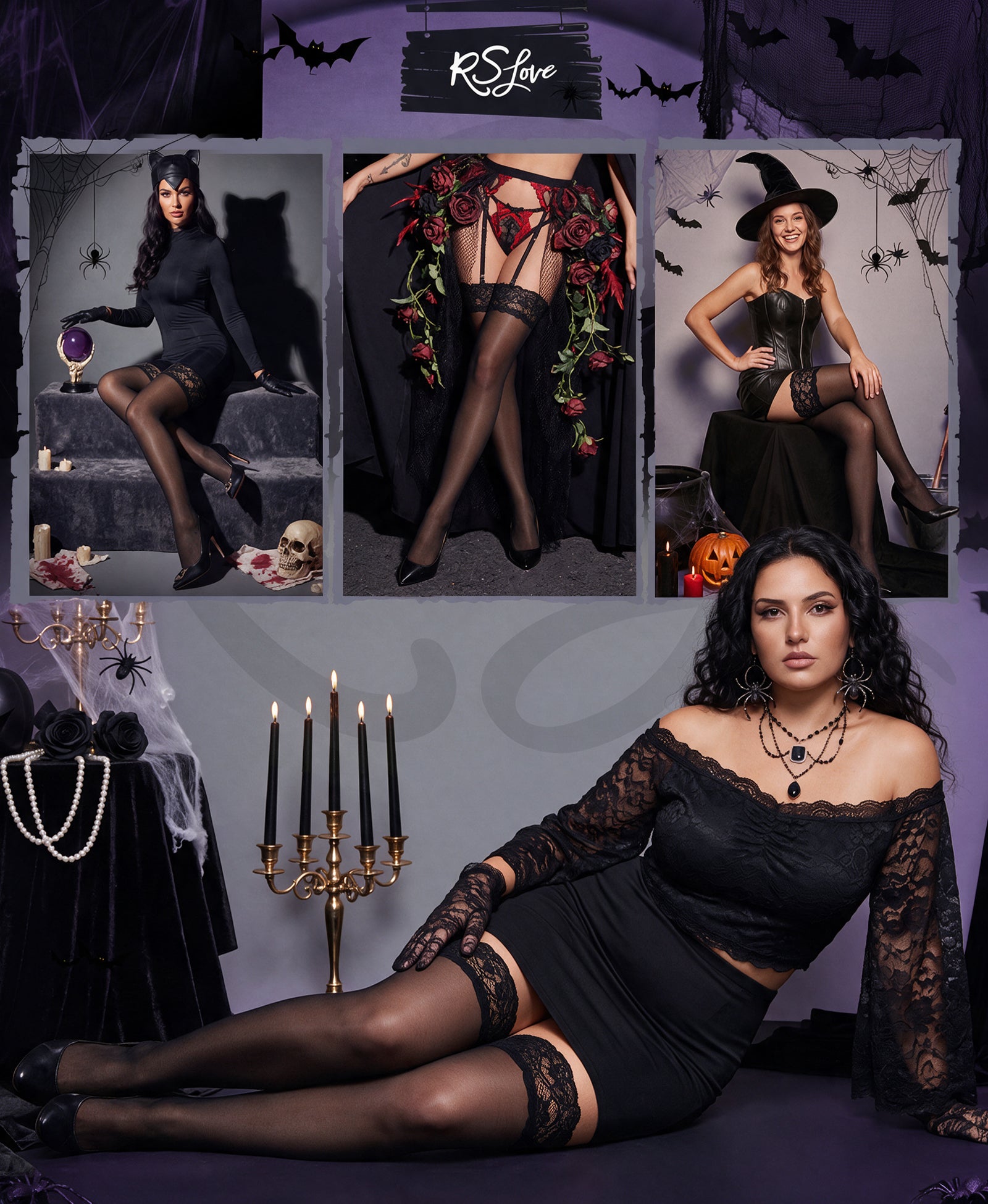RSLOVE Thigh High Double Silicone Non-Slip Lace Thigh High Stockings autoreggenti nere