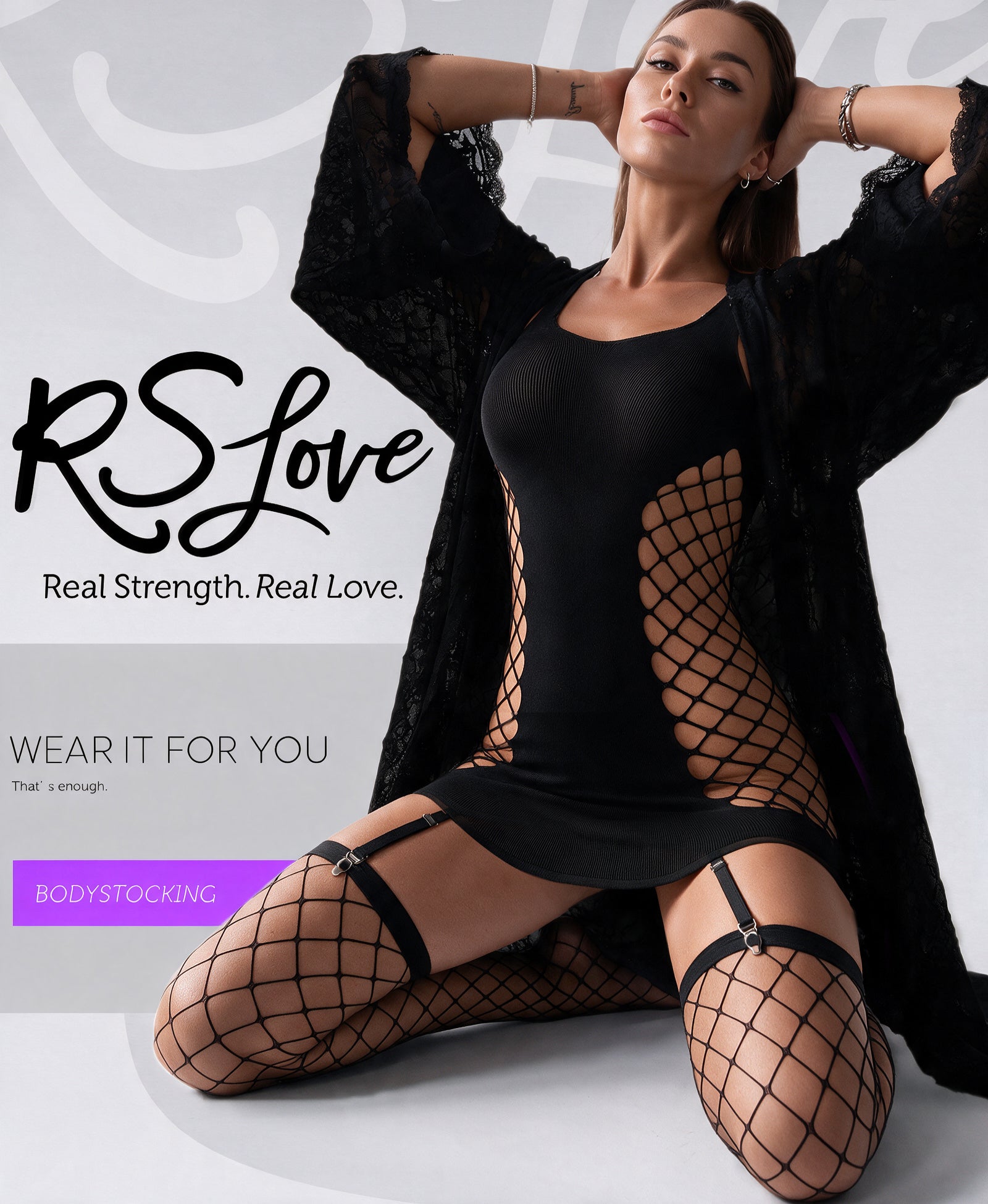 RSLOVE Bodystocking Fishnet Mini Dress vestito in rete nero taglia unica