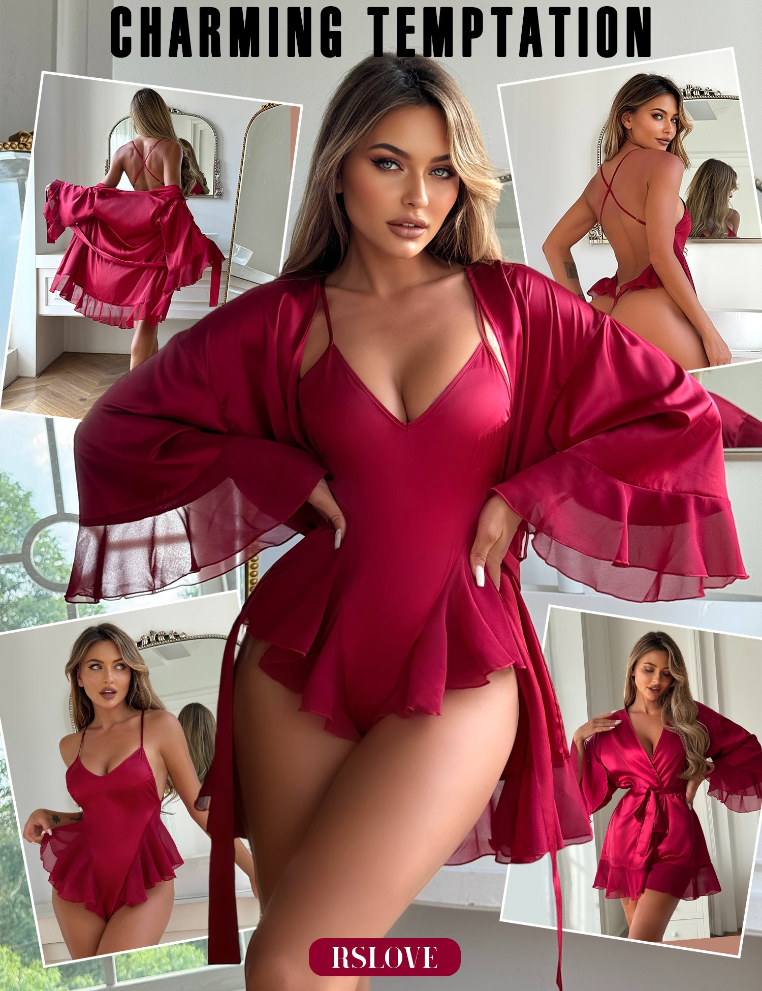 RSLOVE Robe completo kimono e body teddy bianco in raso