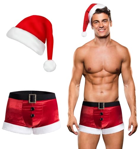 RSLOVE Costumes Men's Red Velvet Santa Shorts with Hat pantaloncini rossi L in velluto
