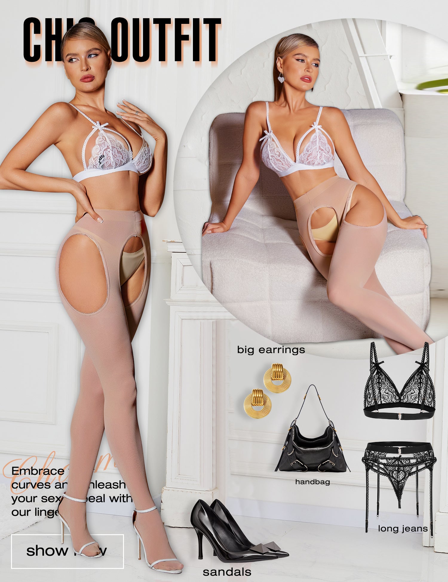 RSLOVE Tights High Waist Suspender Garter Control Top Collant neri taglia unica 80D