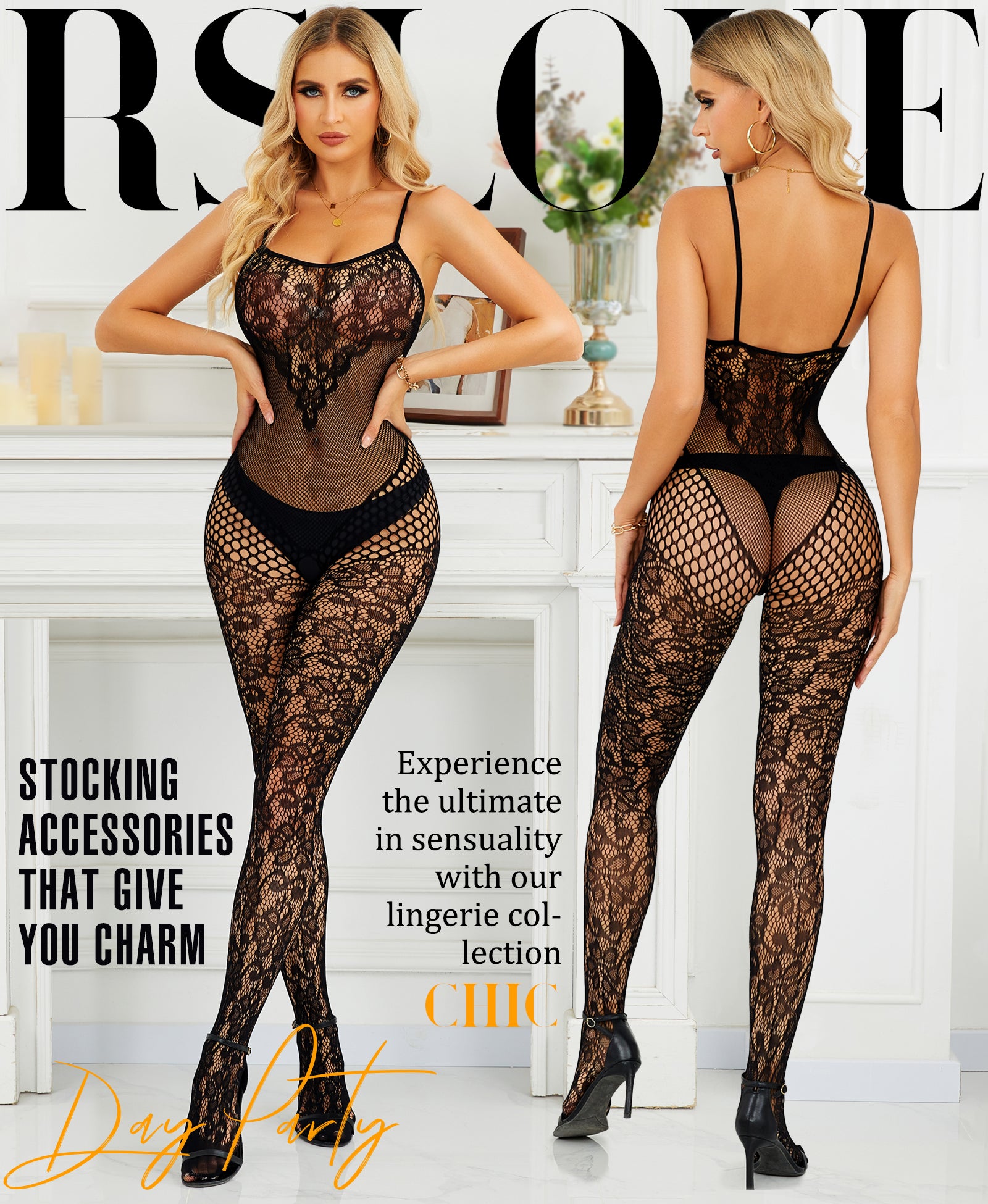 RSLOVE Bodystocking Fishnet Bodysuit Body Stocking lingerie in rete nera
