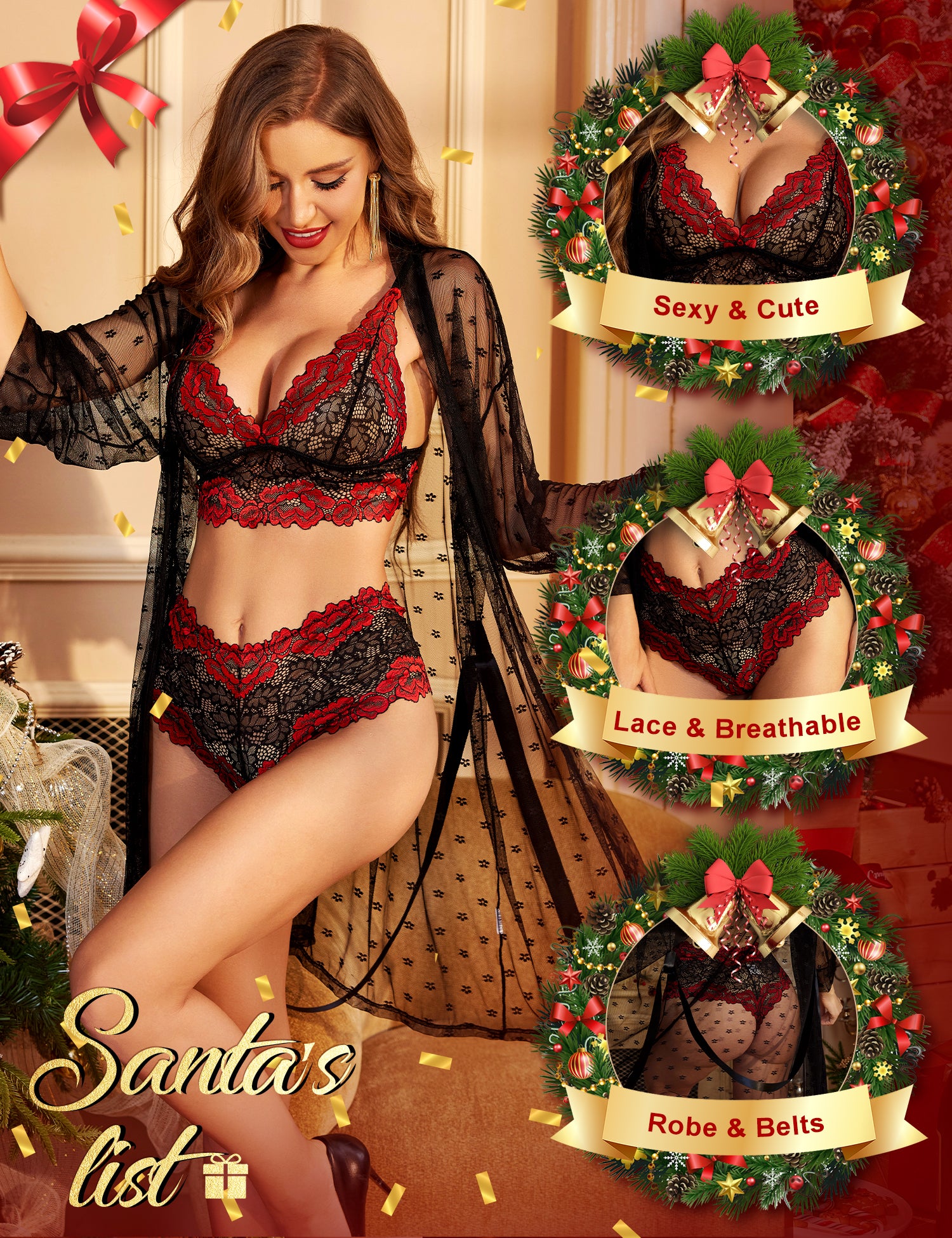 RSLOVE Robe 3-Piece Floral Lace Bra Panty Set lingerie pizzo